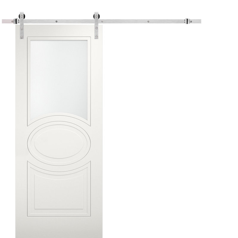 Porte de grange en verre givré blanche Mela avec trousse de quincaillerie d'installation, 36 po x 80 po, Argent