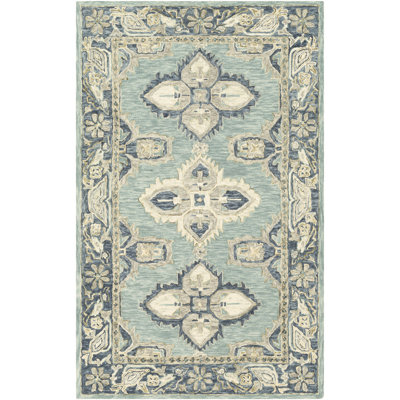 Tapis bleu sarcelle / bleu marine en laine touffeté à la main Gracie