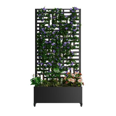 Metal Planter Box With Trellis, 73"X35"X16 Metal Raised Garden Bed With Trellis, Metal Planter Box With Drainage Holes & Lockable Wheels & Privacy Screen For Climbing Plants, Vegetables, Vines