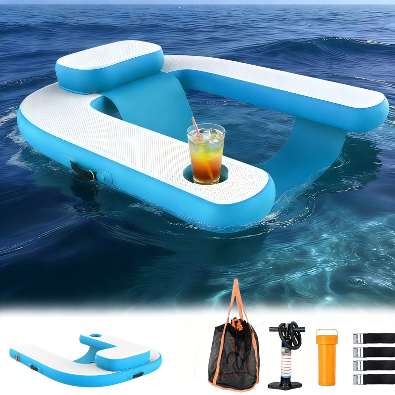 Adults Inflatable Pool Float Chair With Cup Holder & Headrest, Blue