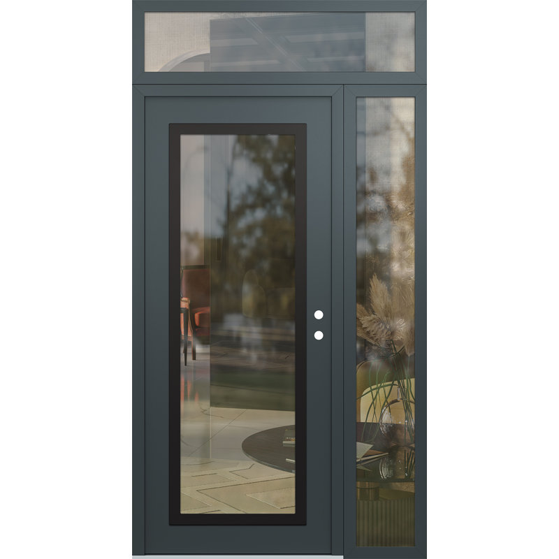 Panneau d'entrée en acier noir anthracite / anthracite avec panneau latéral et porte d'entrée pré-montée Transom, Clair