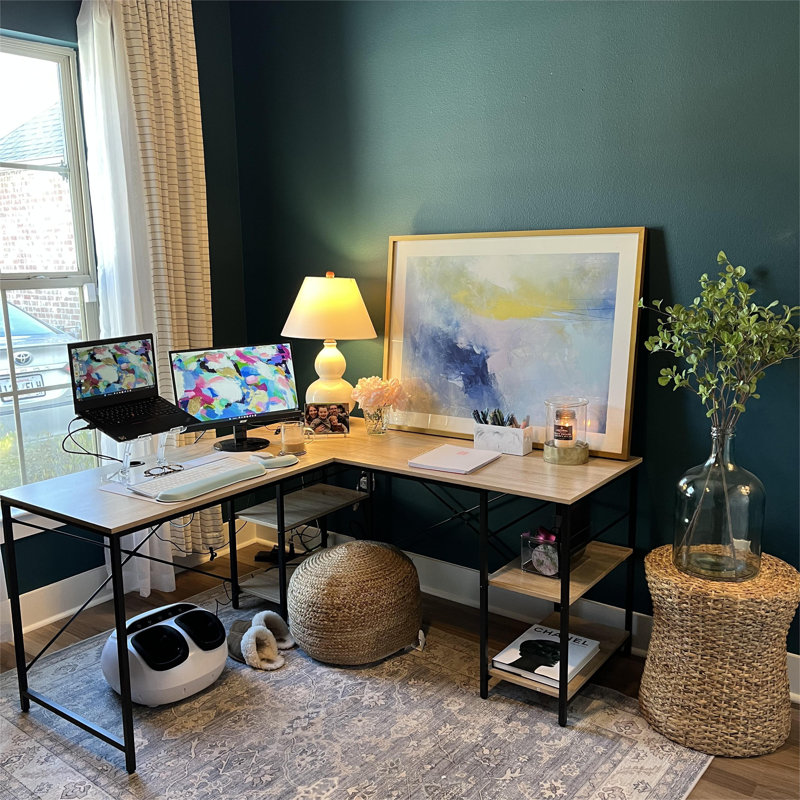 Nedyo 95.2" L-Shaped Desk with Shelves, Reversible Corner