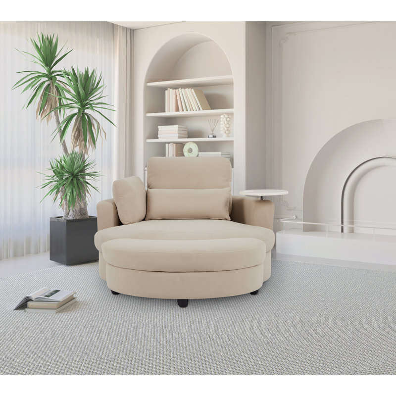 Lasean Upholstered Swivel Barrel Chair with Ottoman, Beige Corduroy