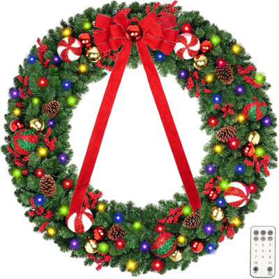 DDHS  60 Inch Christmas Wreath with 210 RGB LED Lights for Front Door, Large Pre-Lit Christmas Wreath with Pine Cones, Red Berries, Ornaments & Bow, Outdoor Giant Holiday Decorations with Timer(Plug-in)