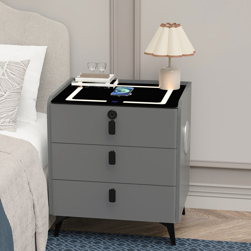 Modern 3 - Drawer Nightstand With Wireless Charging, Bluetooth Speaker, Led Night Light & Fingerprint Lock (pre-assembled)