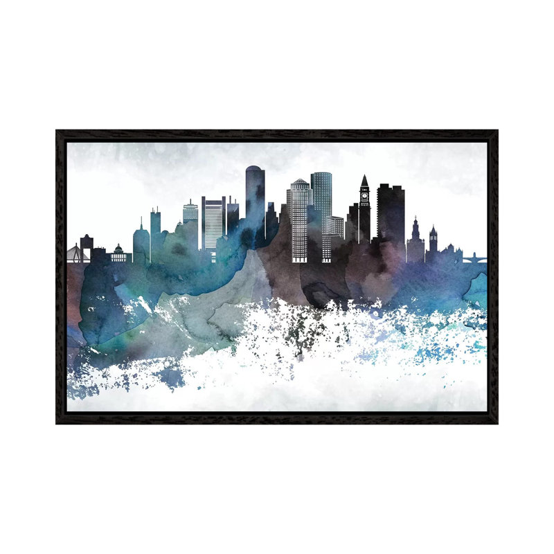 Boston Bluishl Skylines - Print on Canvas, 66.04 cm H x 45.72 cm W, Black Framed