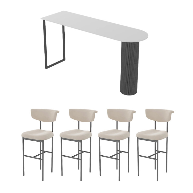 Table de bar semi-circulaire en plaque de pierre blanche pure., H 41,3 po x l 70,8 po x P 15,7 po