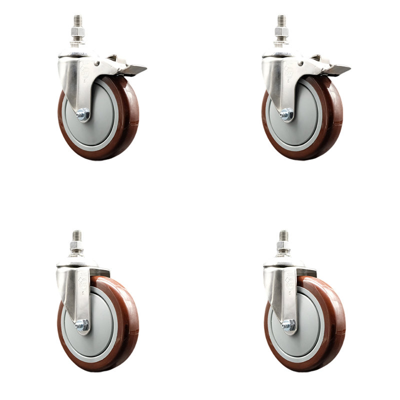 Ensemble de roulettes à tige filetée 5 pouces en polyuréthane marron de 12 pouces avec 2 verrous