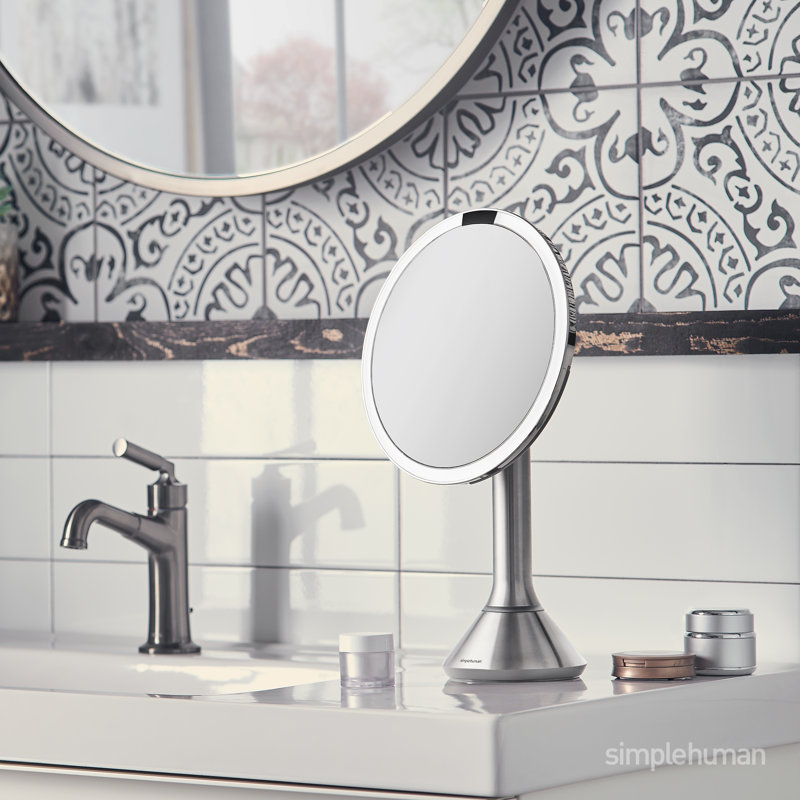 simplehuman 8" Round Sensor Makeup Mirror with Touch-Control Brightness, 5X Magnification, Cordless, Brushed
