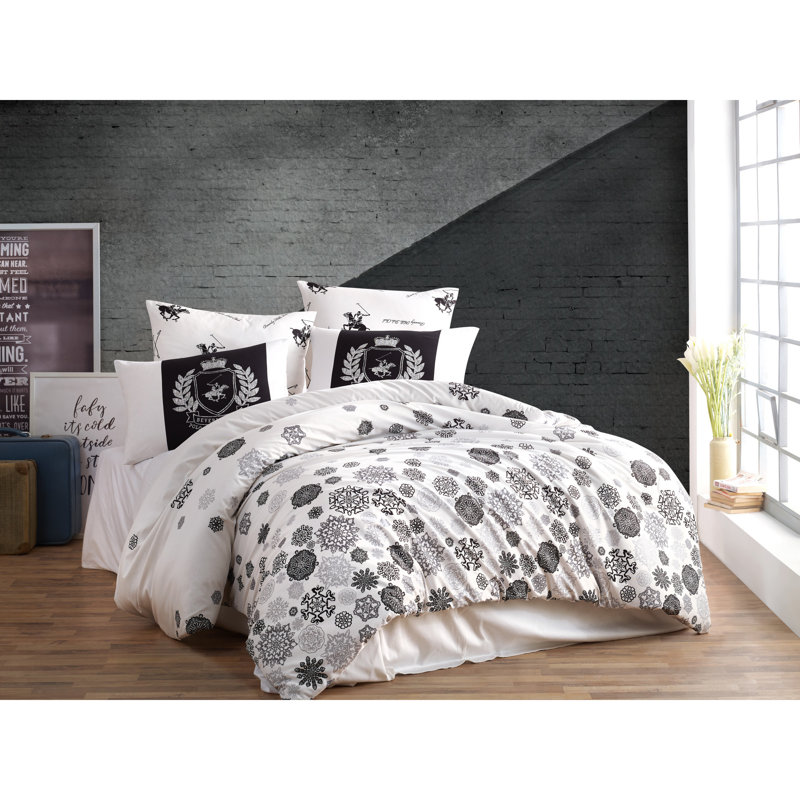 Ensemble de housse de couette 100% coton blanc / gris 4 pièces, Housse de couette très grand + 2 taies d'oreiller