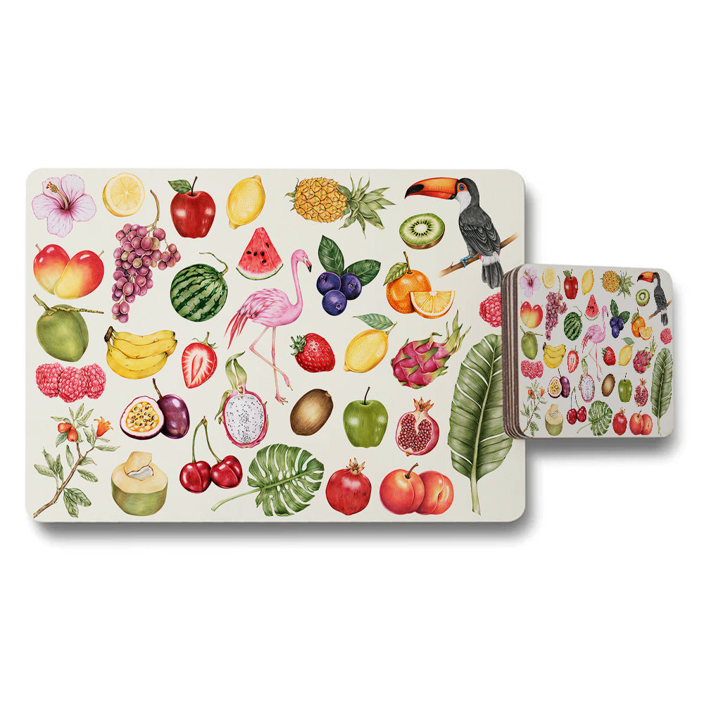 Fruit Themed Placemat And Coaster Set With Colorful Tropical Fruits