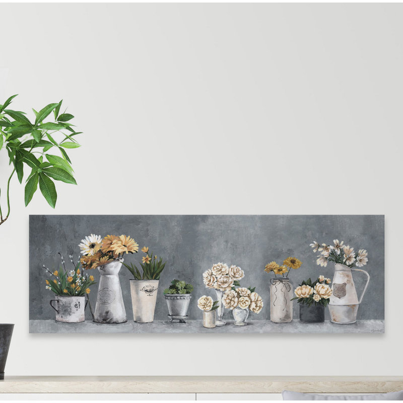Rustic Gray Canvas Wall Art with Peach and White Flowers, 20" x 60"