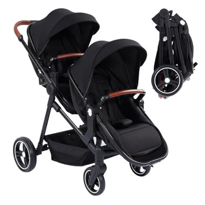 Lightweight Double Stroller for Infant & Toddler - Reversible Tandem Pushchair with Collapsible Bassinet - Adjustable Backrest & Canopy