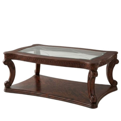 Zosia 52 In. Dark Oak Rectangle Glass Coffee Table With Intricate Carvings And Bottom Shelf