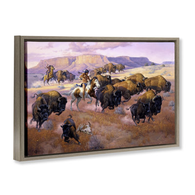 Western Natives Bison Hunt Black Framed Floater Canvas Wall Art, design by Jack Sorenson