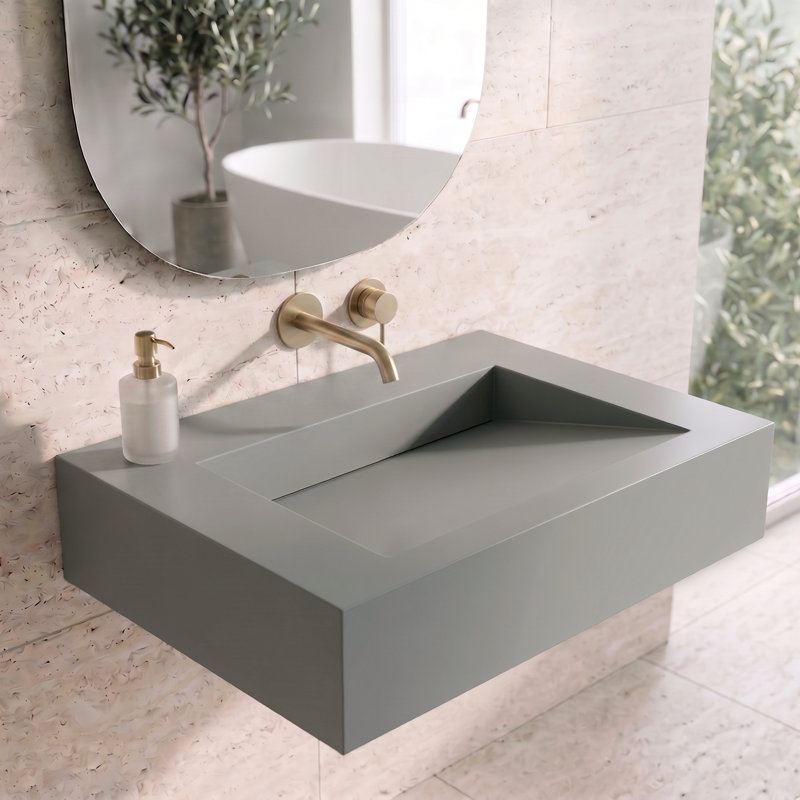 Pyramid 36" Wall Mounted Rectangular Solid Surface Bathroom Sink in Matte Finish - Gray, No Faucet Hole, Gray, No Hole