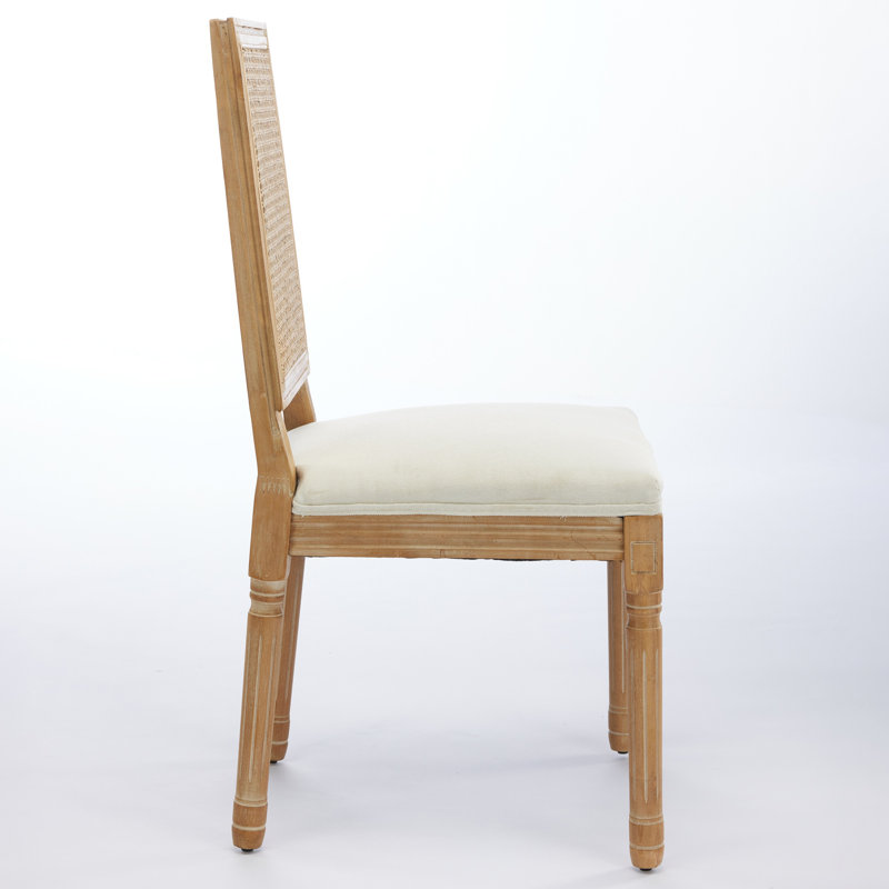 Ensemble de 2 chaises de salle à manger Louis avec dossier carré en rotin et structure en bois massif sculpté pour le salon, la cuisine, le restaurant, beige