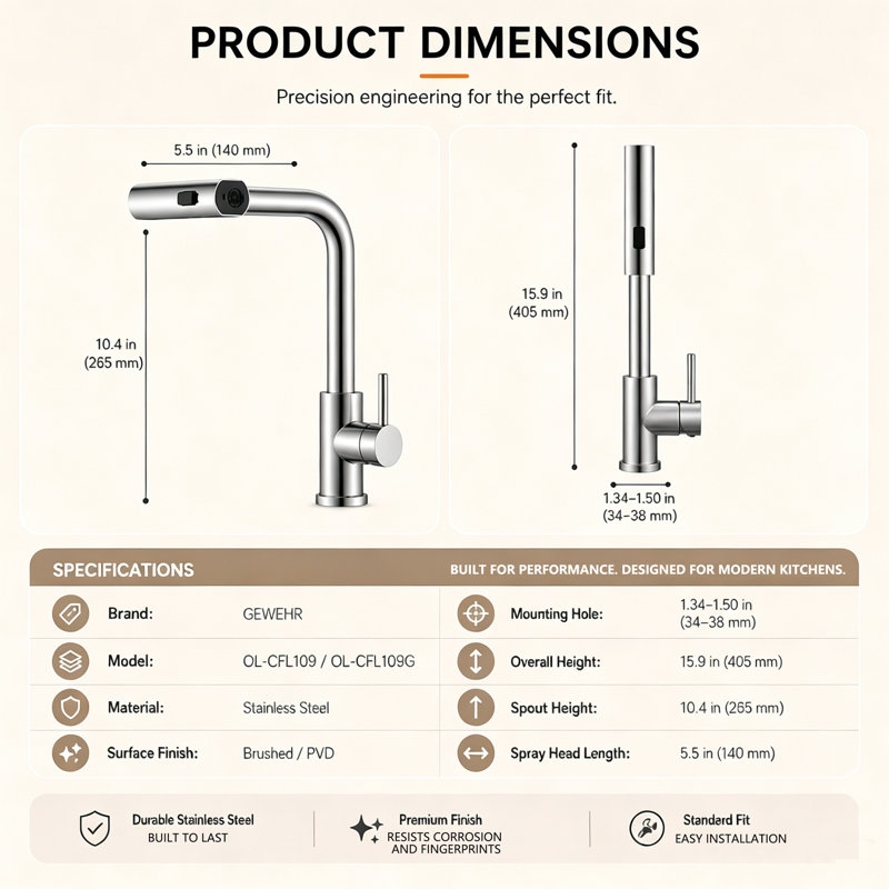 Robinet de cuisine moderne GATUSOO en acier inoxydable, douchette extractible pivotante à 360° avec 3 jets, bec haut, poignée unique, tige de fixation extra-longue de 80 mm pour comptoirs épais (norme américaine), valve en céramique sans plomb certifiée CUPC, kit d'installation facile à réaliser soi-même