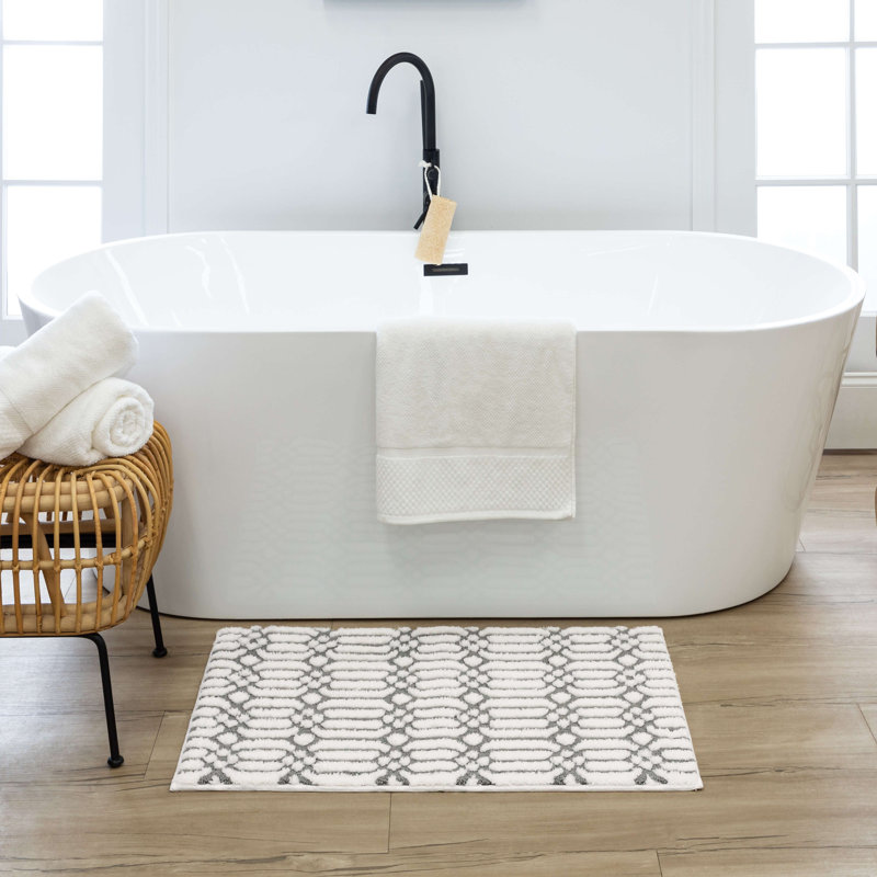 Tapis de bain en tricot géométrique Linkage, Blanc / Étain, L 20 po x L 34 po