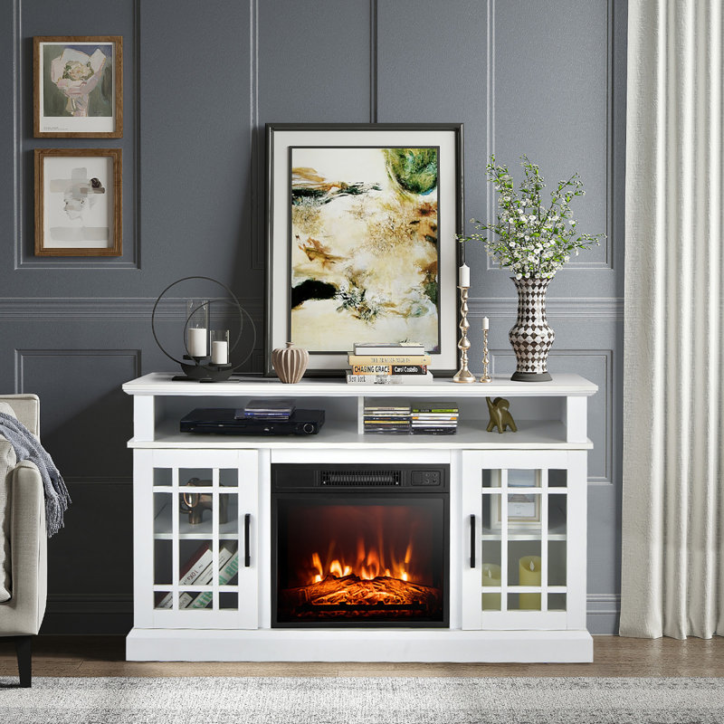 Ripley 48'' W Storage Credenza with Electric Fireplace Included, White