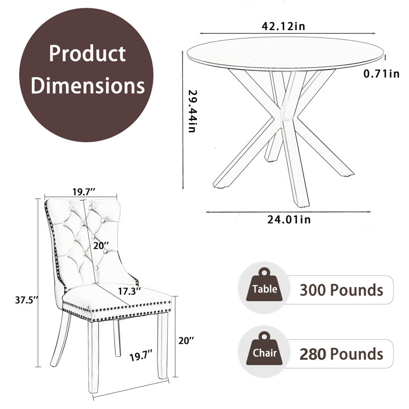 Round Kitchen Table and Chairs Set for 4, Black, Beige