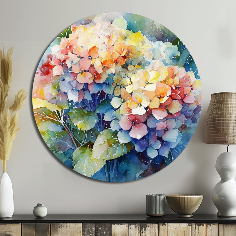 Bleu et vert hydreangea - art floral rond en métal, H 16 po x l 16 po