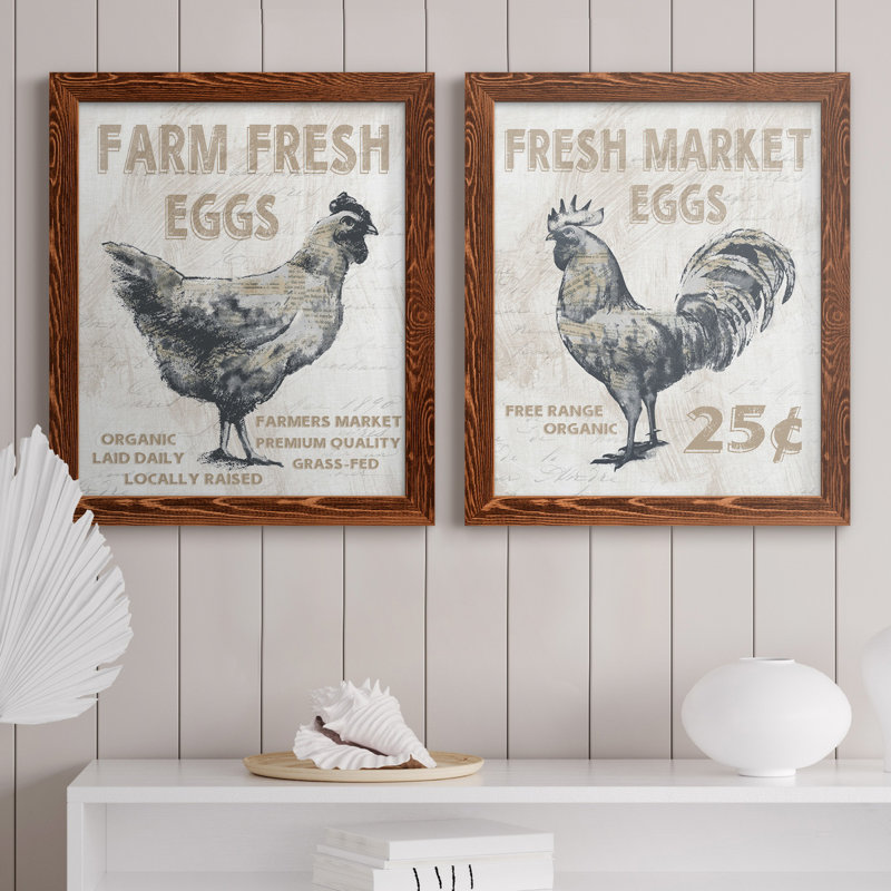 Farm Fresh Chicken - ensemble de 2 reproductions, Pas de tapis, H 20 po x l 17 po x P 1 po, Toile avec cadre érable