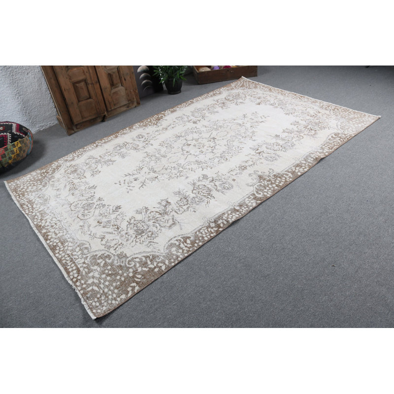 Tapis turc Oushak tissé à la main avec motifs floraux rétro, parfait pour les salons spacieux