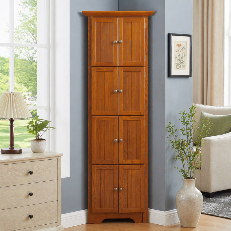 Armoire de rangement 4 niveaux à 4 niveaux avec 8 portes, tablettes réglables et finition chêne pour l'organisation à la maison
