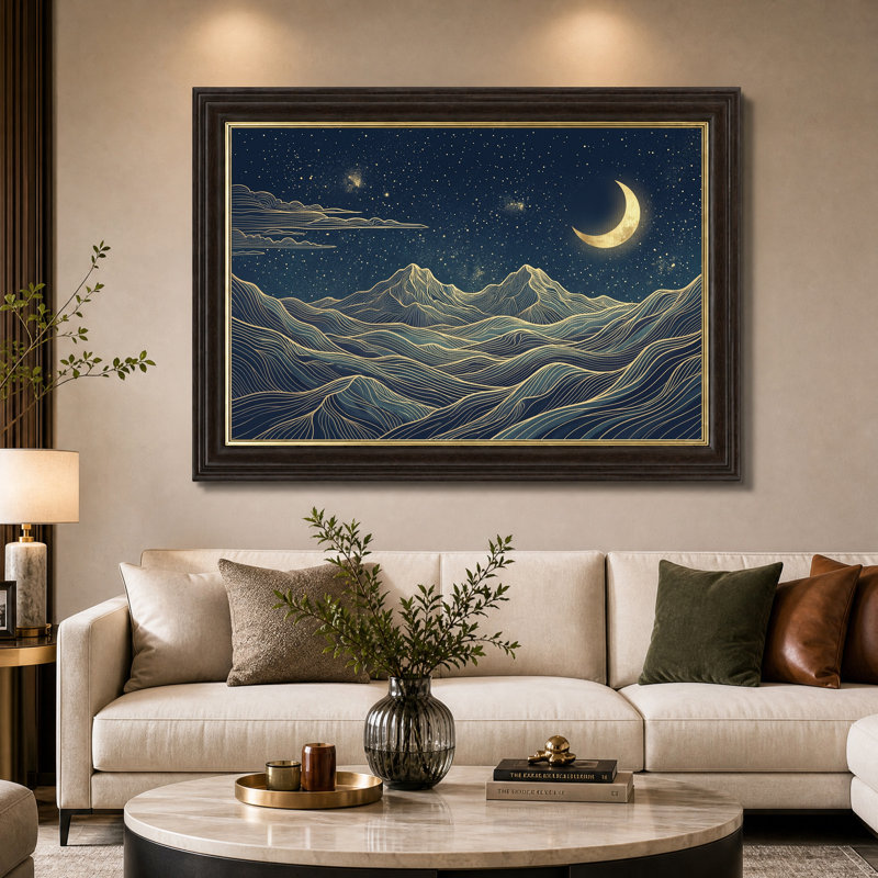 Toile murale représentant des montagnes sous un croissant de lune doré (dessin au trait), H 12 po x l 18 po