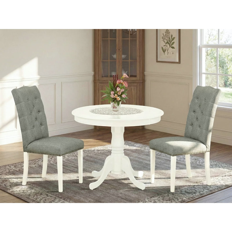 L'ensemble de 3 tables de salle à manger modernes comprend une table de cuisine ronde avec piédestal et 2 chaises Parson revêtues de tissu de lin fumé, blanc lin