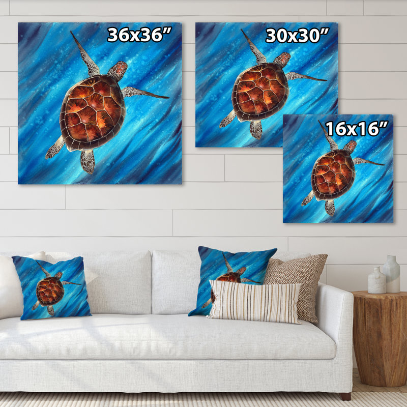 Tortue de mer colorée nageant en bleu - reproduction d'art sur toile nautique et côtière, H 30 po x l 30 po x P 1 po