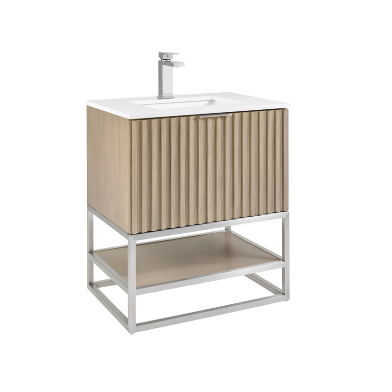 Terra 30'' Single Bathroom Vanity with Top, Walnut, White Quartz/Single Faucet Mount, Brushed Nickel