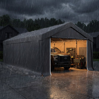 Abri d'auto robuste 13 pi x 24 pi, garage portatif 2 pièces avec séparateur amovible, structure en acier galvanisé à 12 pieds, portes latérales et fenêtres d'aération, abri de rangement extérieur pour camion, VUS, bateau et équipement, gris