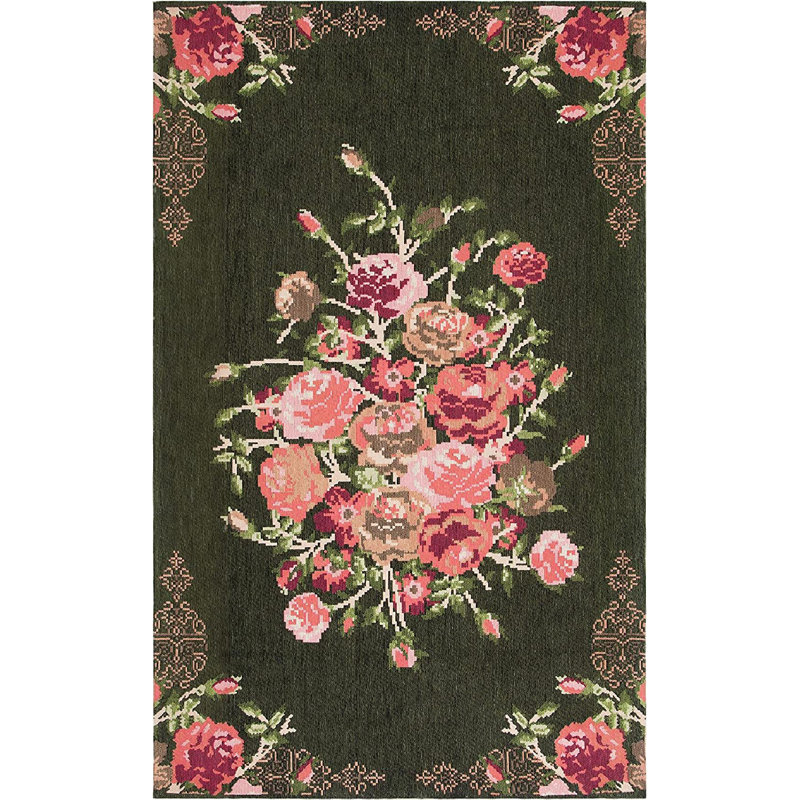 Tammie Floral Black/Red Area Rug, Square 6'