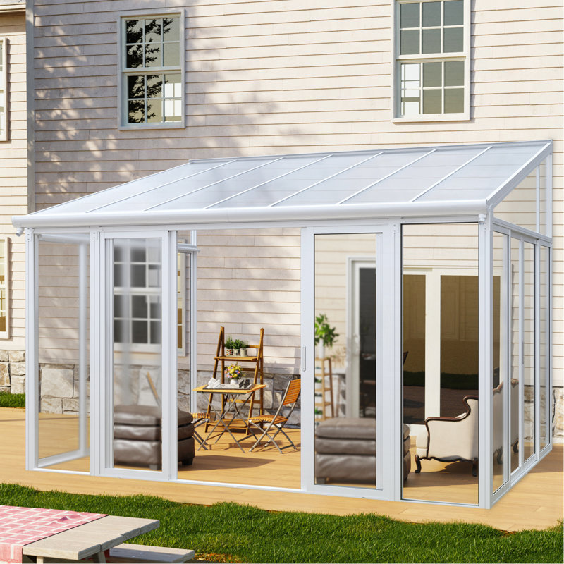 Housse de patio fermée de 10 pi x 14 pi avec 3 portes coulissantes verrouillables, véranda toutes saisons avec cadre en alliage d'aluminium, toit en polycarbonate et système de panneau de panneau d'endurance en PC solide et transparent pour terrasse de jardin