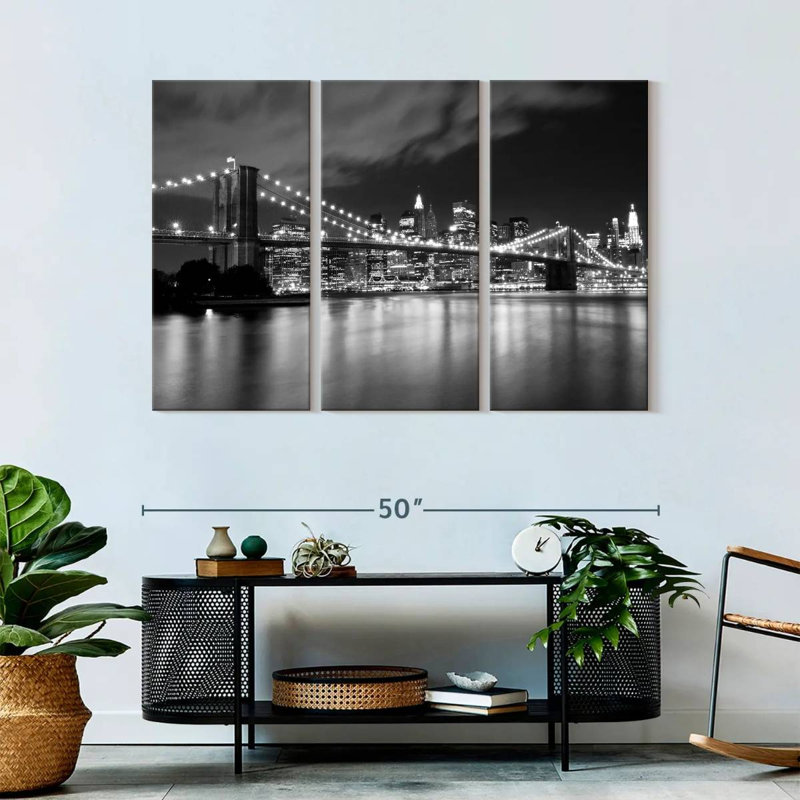 Pont de Brooklyn la nuit sur toile, ensemble de 3 pièces, H 32 po x l 50 po x P 1,25 po