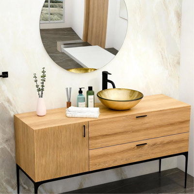 Artistic Gold - Textured Tempered Glass Bathroom Vessel Sink With Black Faucet And Pop Up Drain, Ideal For Dressing Rooms, 16.5 X 5.5 Inches, Easy To Clean Maintain, Above Counter Installation Luxury