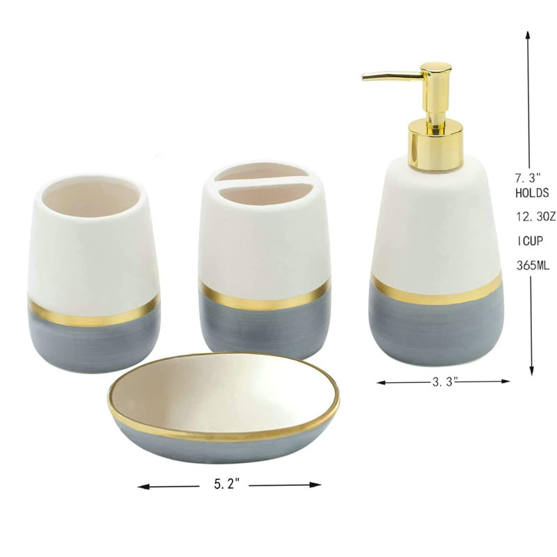 4-Piece Grey Gold Bathroom Kit: Ceramic Soap Dispenser, Toothbrush Holder, Dish, Tumbler (Storage Gift)