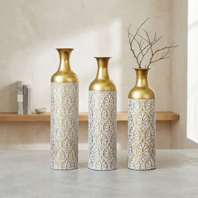 Ensemble de 3 vases à fleurs en métal doré blanc pour décoration moderne luxueuse