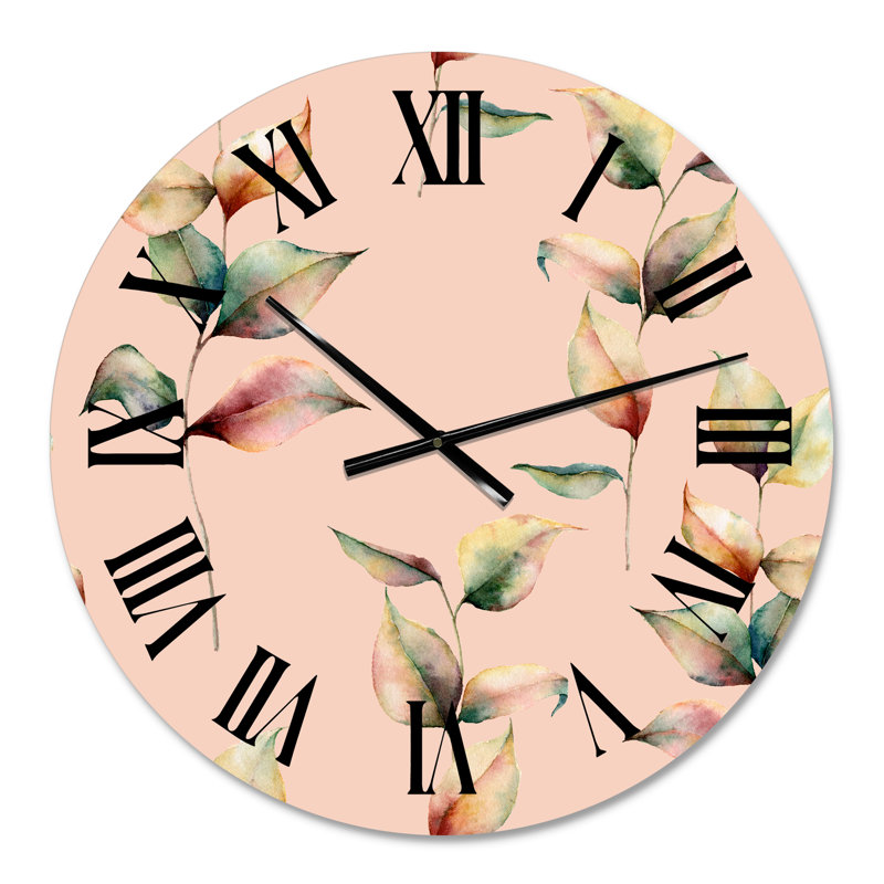 Feuilles d'automne roses et branche sur des couleurs pastel - Horloge murale traditionnelle, Petit