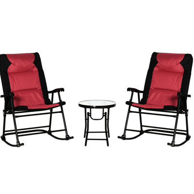 Outdoor Patio With 2 Rocking Chairs & Glass Table, Red - Ideal For Porch, Camping, Balcony 3 Piece In Folding Thick Padding Foldable Coffee Table