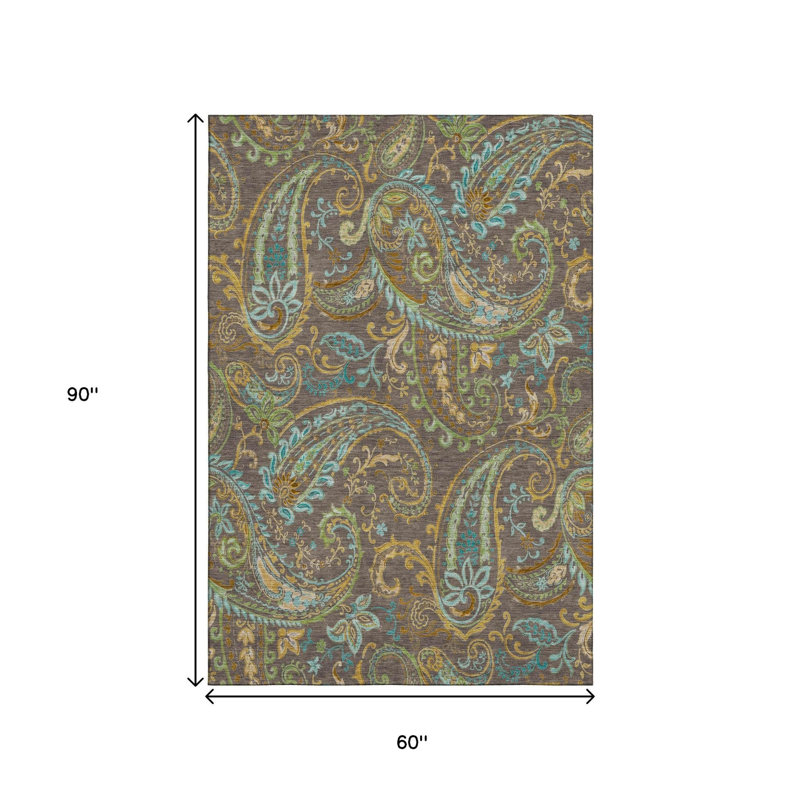 Tapis délavé à motif cachemire bleu chocolat et vert 5 pi x 8 pi avec protection UV