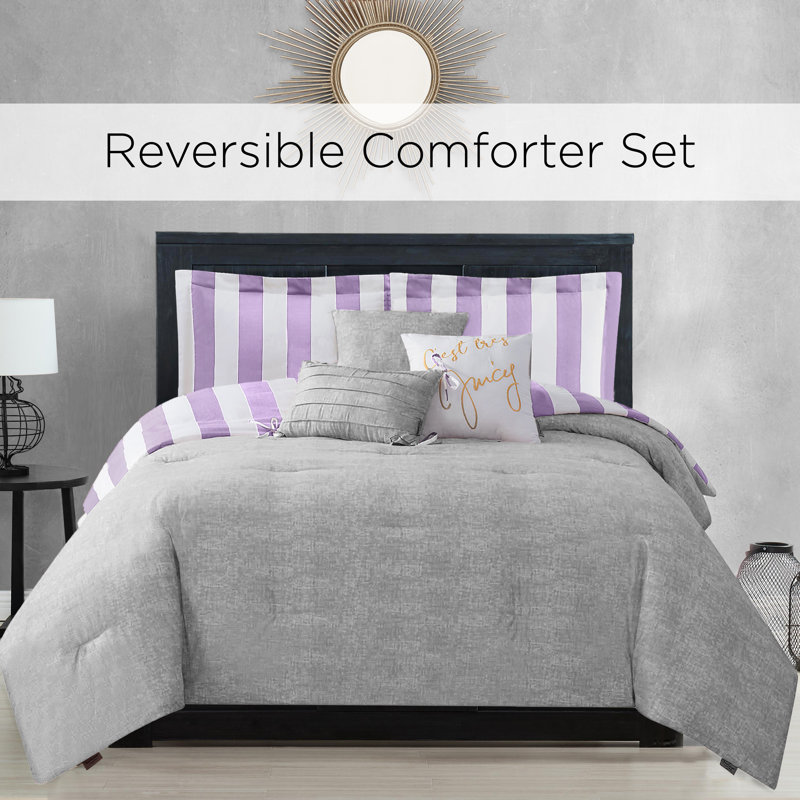 Juicy Couture Cabana Stripe Comforter Sets, King Comforter + 2 Shams + 3 Throw Pillows, Lavender/White