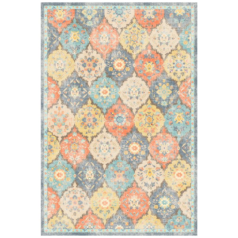  Tapis traditionnel coloré à motif géométrique - bleu, jaune et orange, antidérapant, pour la vie, Rectangulaire 8 pi x 10 pi