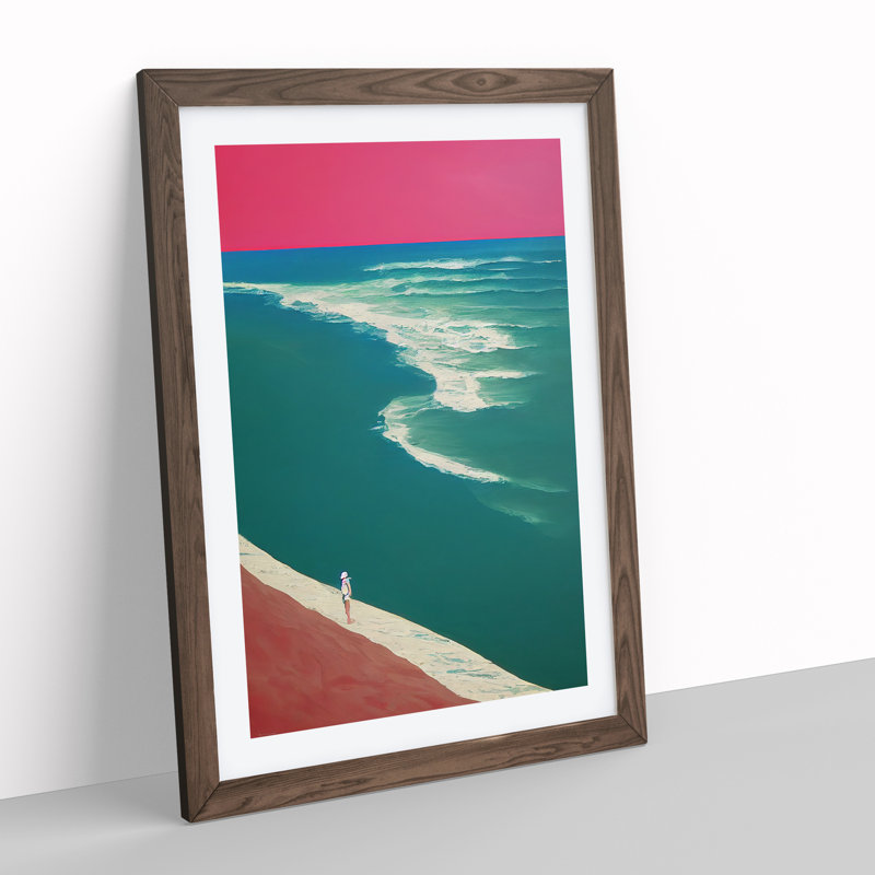 Alone On The Beach - Wall Art, 48cm H x 36cm W, Walnut Framed Paper, White