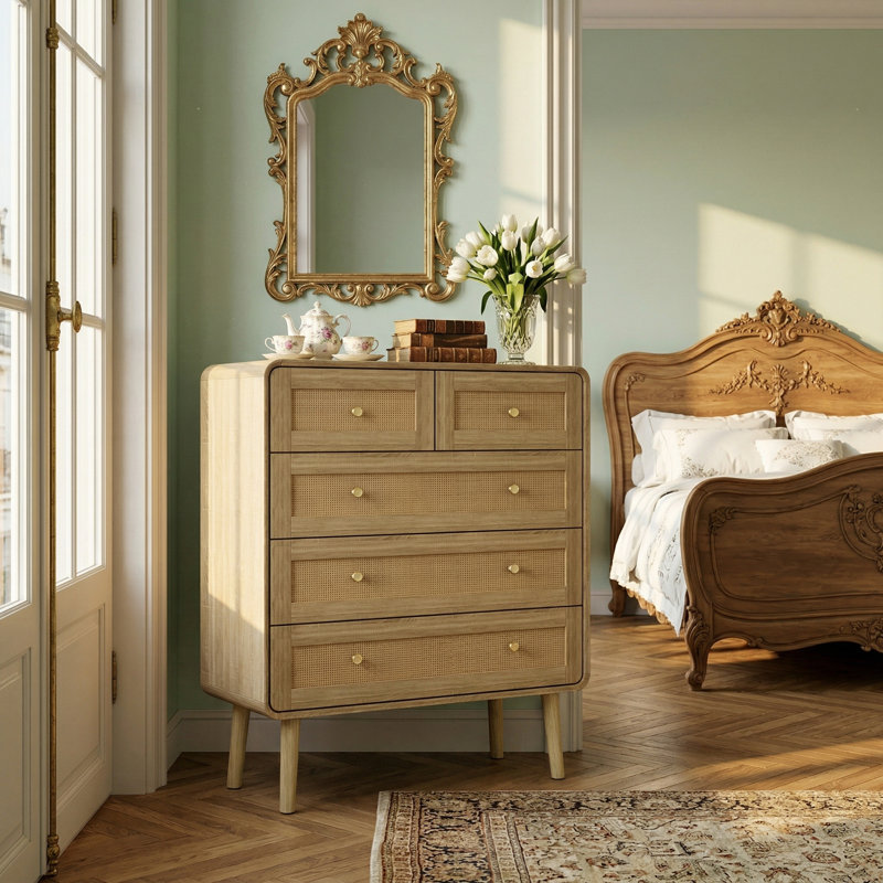 Commode en bois à 5 tiroirs avec façades en rotin H 39,8 po Ceriyah