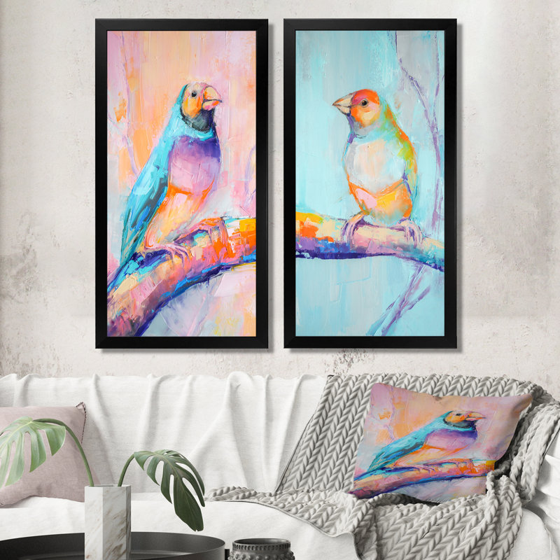 «Pastel Oil Parakeet Bird Portrait», ensemble de 2 impressions sur toile, H 32 po x l 32 po x P 1 po, Cadre photo noir
