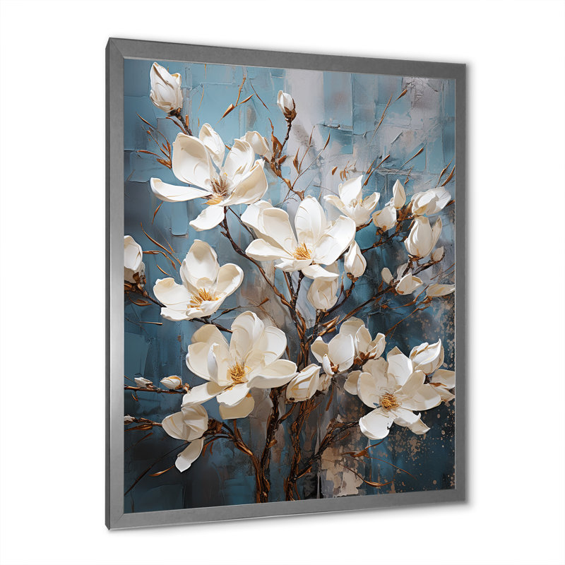 «Magnolias Bloom In White II», reproduction sur toile, Cadre simple argenté, H 32 po x l 16 po x P 1 po