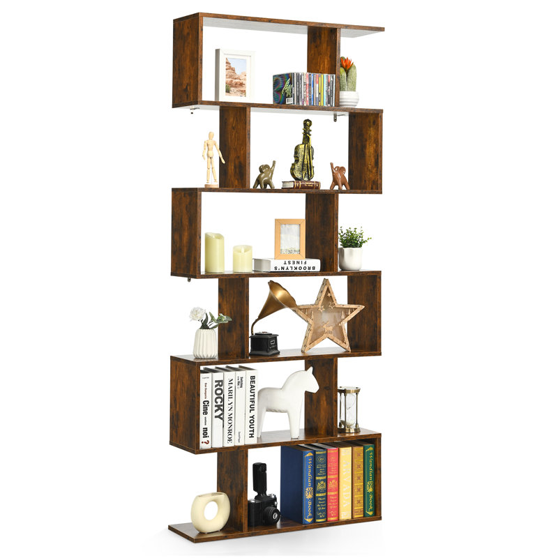  75'' H X 31.5'' W 6-Tier Geometric Bookcase, 75'' H X 31.5'' W X 9'' D, Rustic Brown